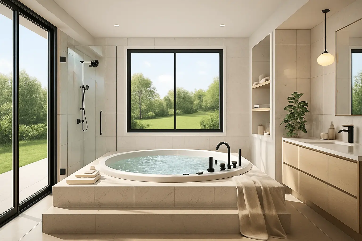 Modernt renoverat badrum med naturmaterial